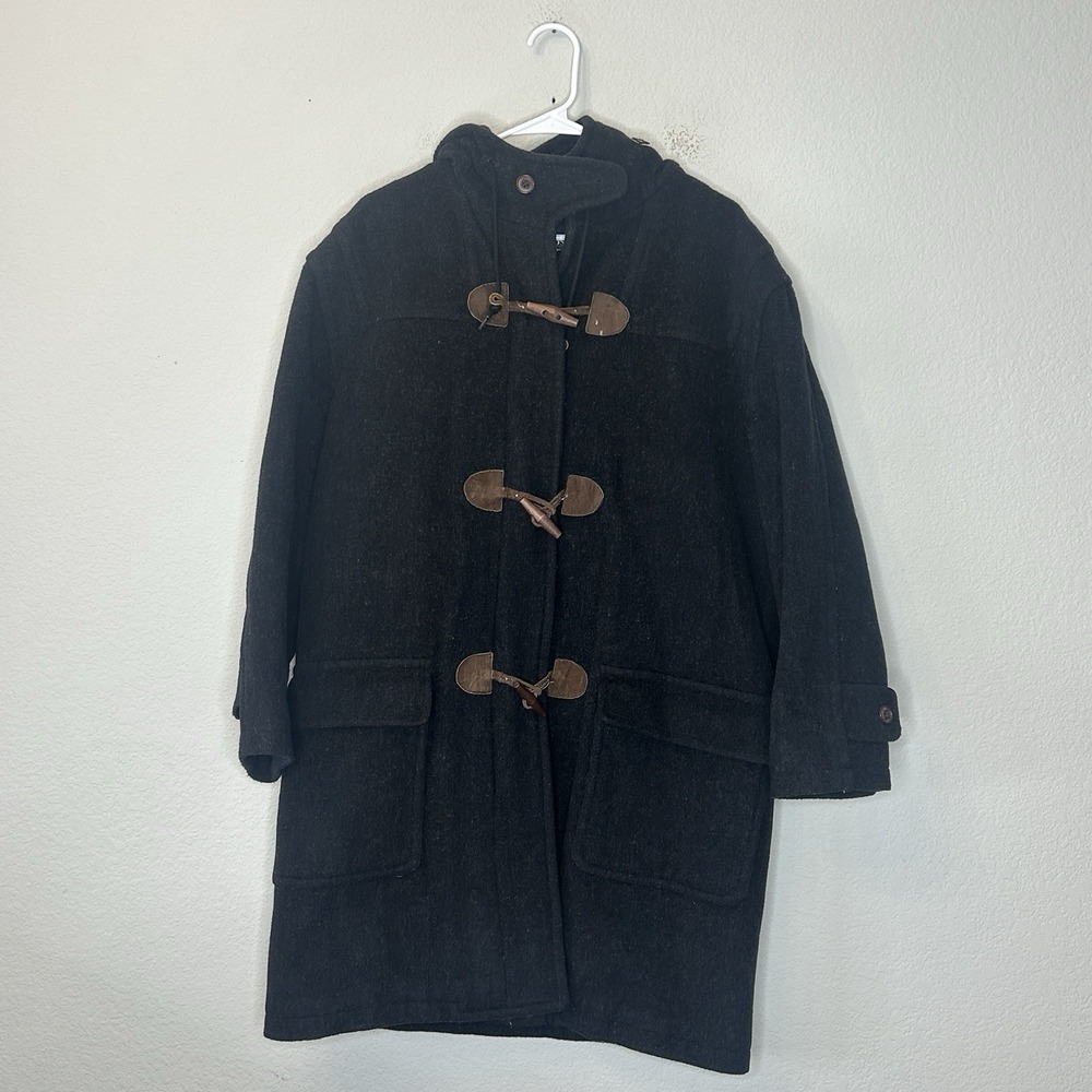 Vtg Lands End Womens Wool Duffle Coat Hooded Toggle Jacket Black Quilt Lined M